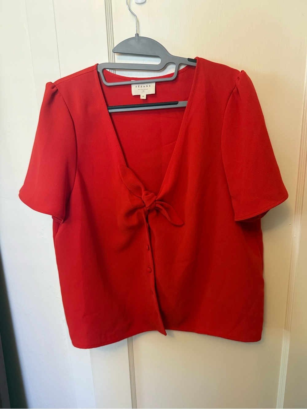 Sezane Red Tie-Front Short Sleeve Blouse
